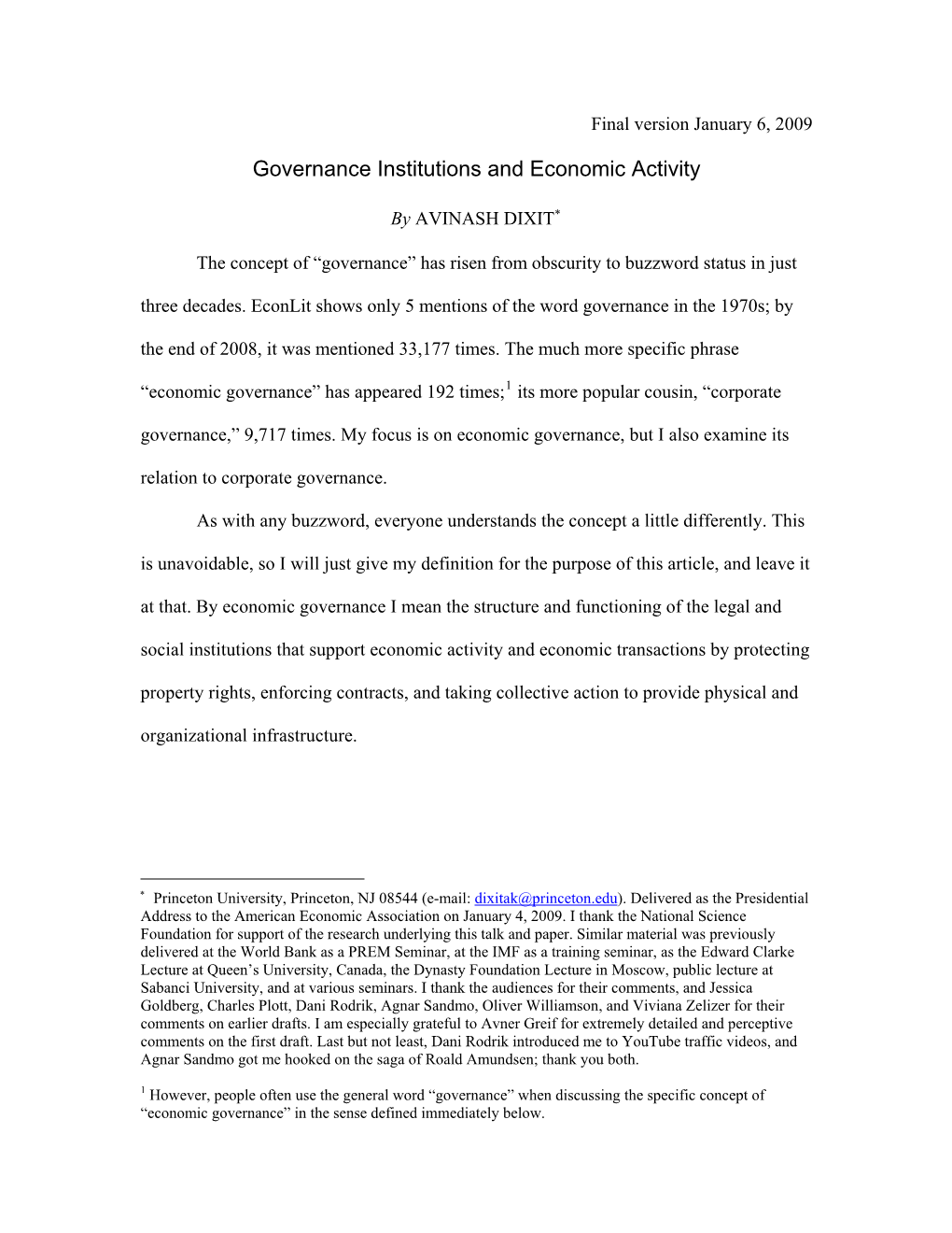 Governance Institutions and Economic Activity