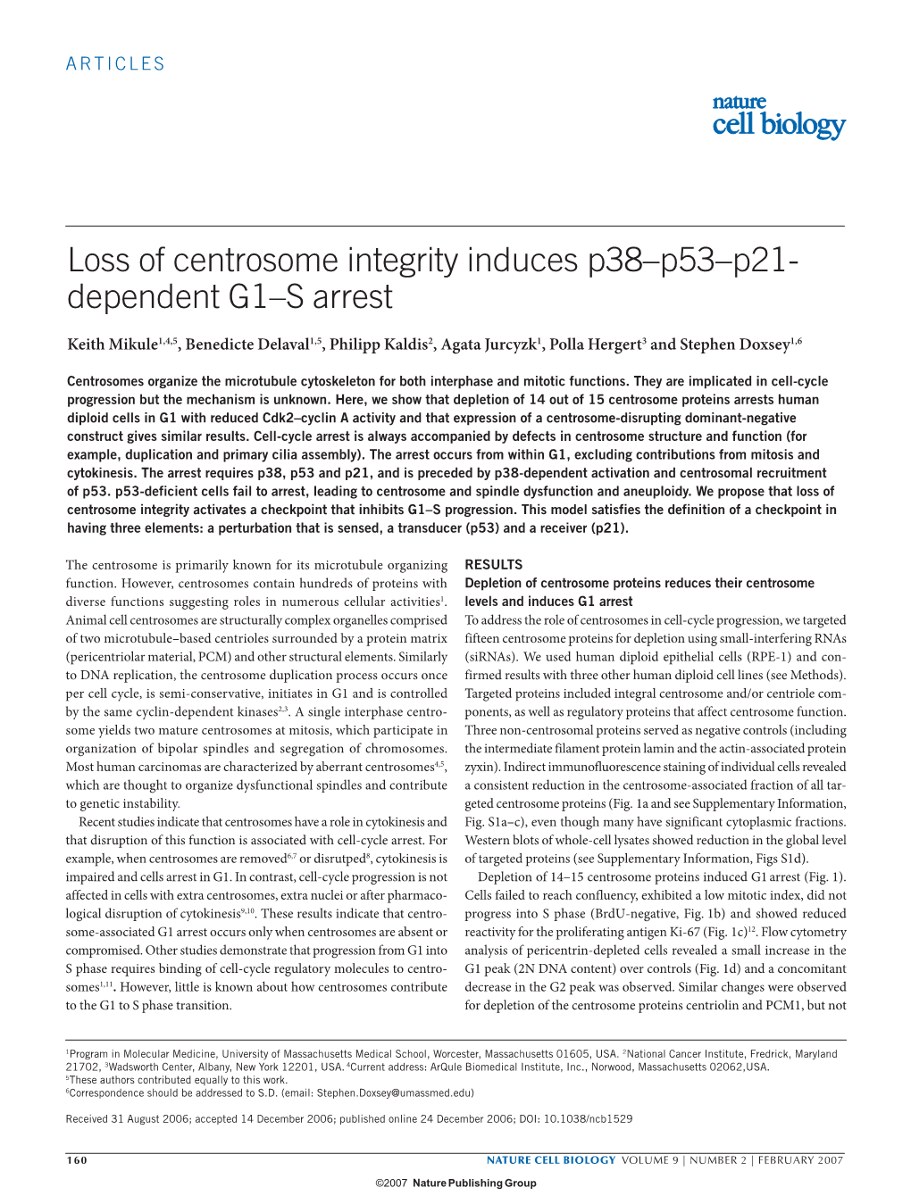 Loss of Centrosome Integrity Induces P38/P53