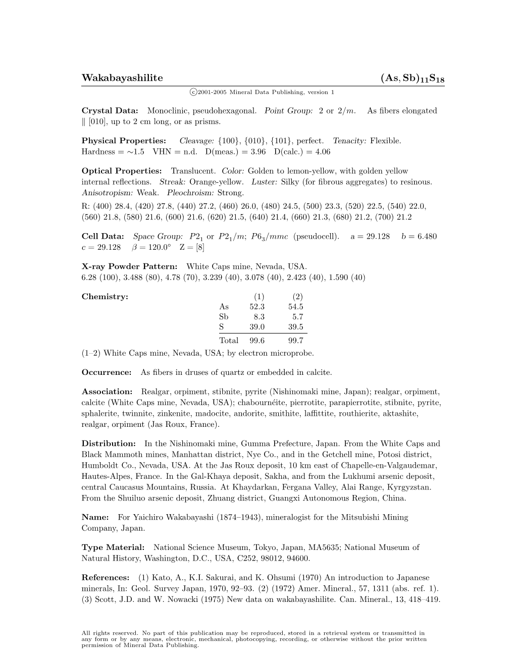 Wakabayashilite (As, Sb)11S18 C 2001-2005 Mineral Data Publishing, Version 1