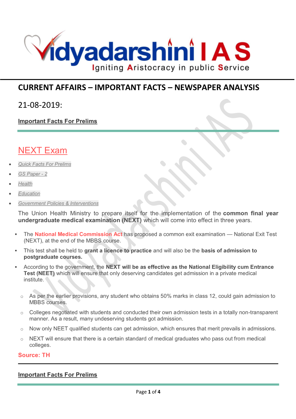 Important Facts – Newspaper Analysis 21-08-2019