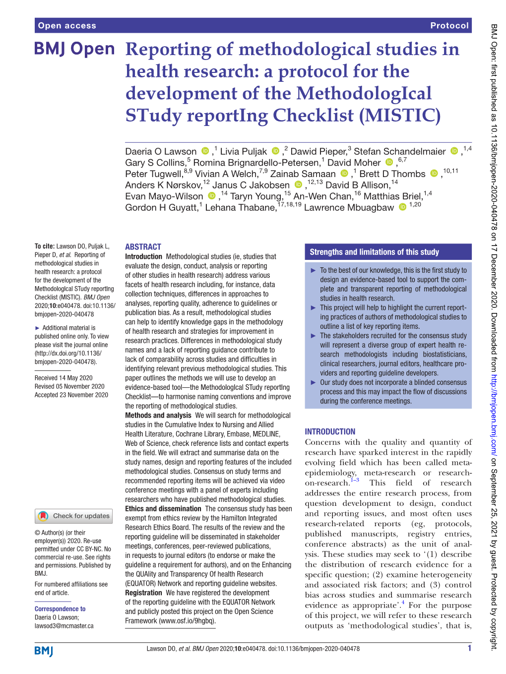 Reporting of Methodological Studies in Health Research: a Protocol for the Development of the Methodological Study Reporting Checklist (MISTIC)