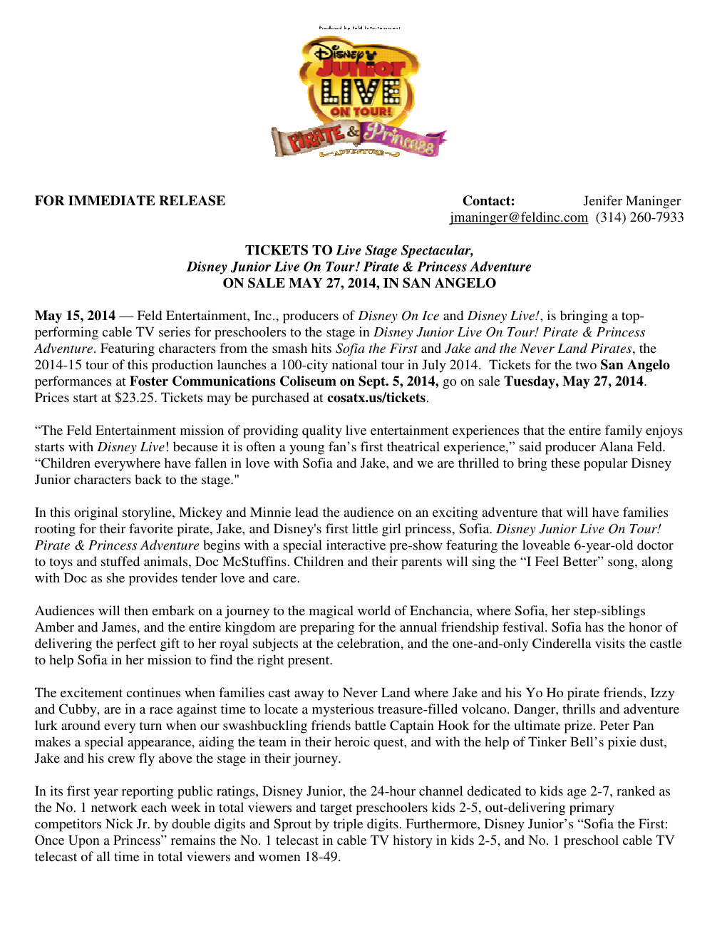 FOR IMMEDIATE RELEASE TICKETS to Disney Junior on SALE MAY