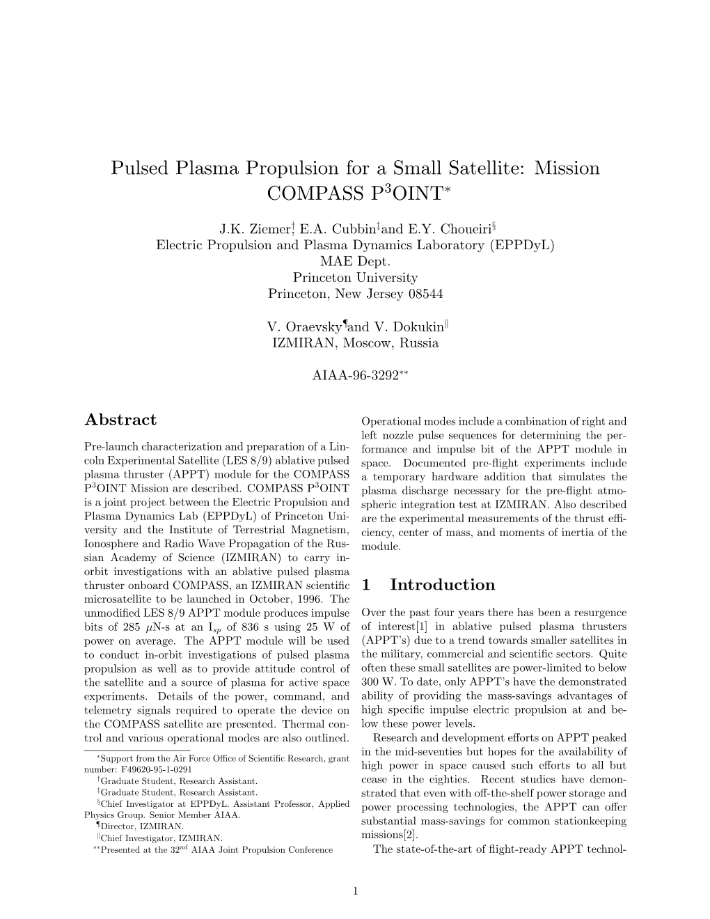 Pulsed Plasma Propulsion for a Small Satellite: Mission COMPASS P3OINT