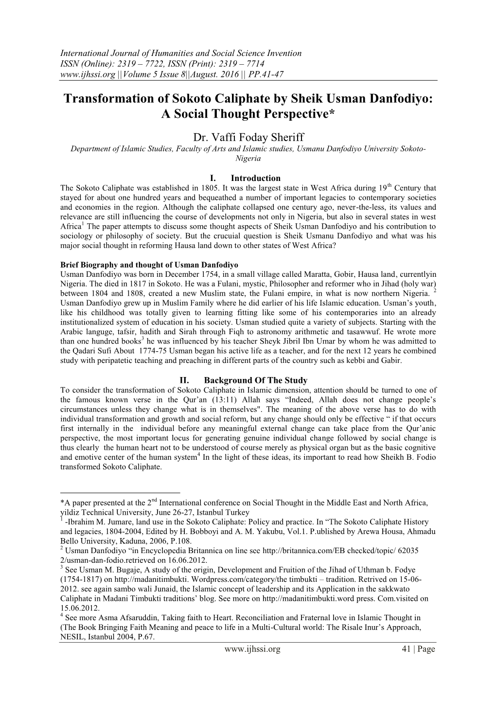 Transformation of Sokoto Caliphate by Sheik Usman Danfodiyo: a Social Thought Perspective*