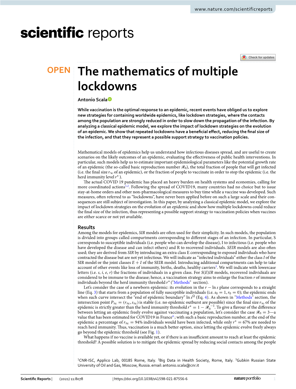 The Mathematics of Multiple Lockdowns Antonio Scala