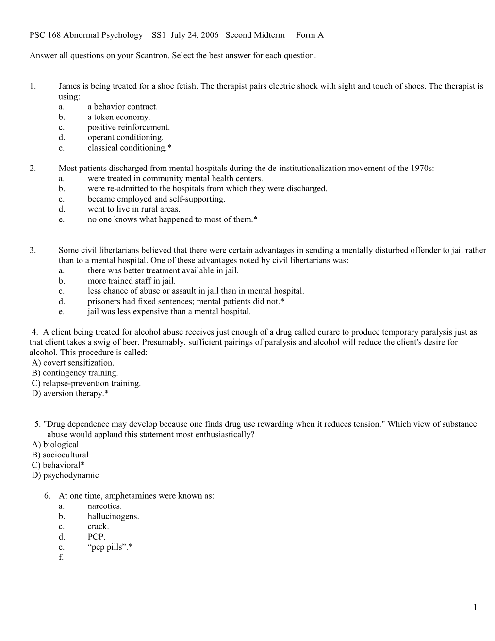 PSC 168 Abnormal Psychology SS1 2005 Second Midterm Form A