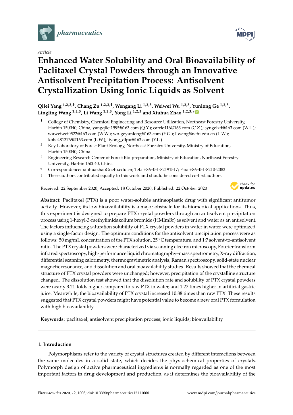 Enhanced Water Solubility and Oral Bioavailability of Paclitaxel Crystal