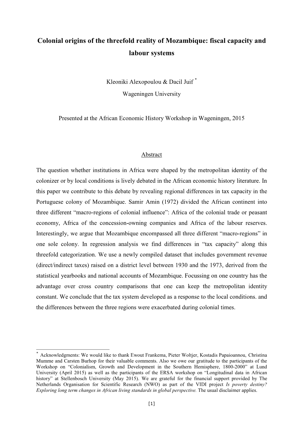 Colonial Origins of the Threefold Reality of Mozambique: Fiscal Capacity and Labour Systems