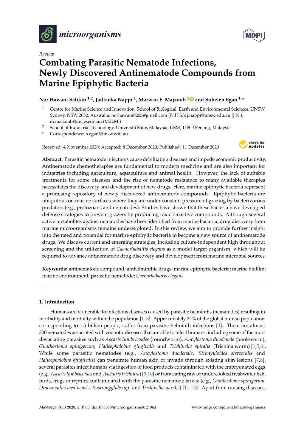 Combating Parasitic Nematode Infections, Newly Discovered Antinematode Compounds from Marine Epiphytic Bacteria