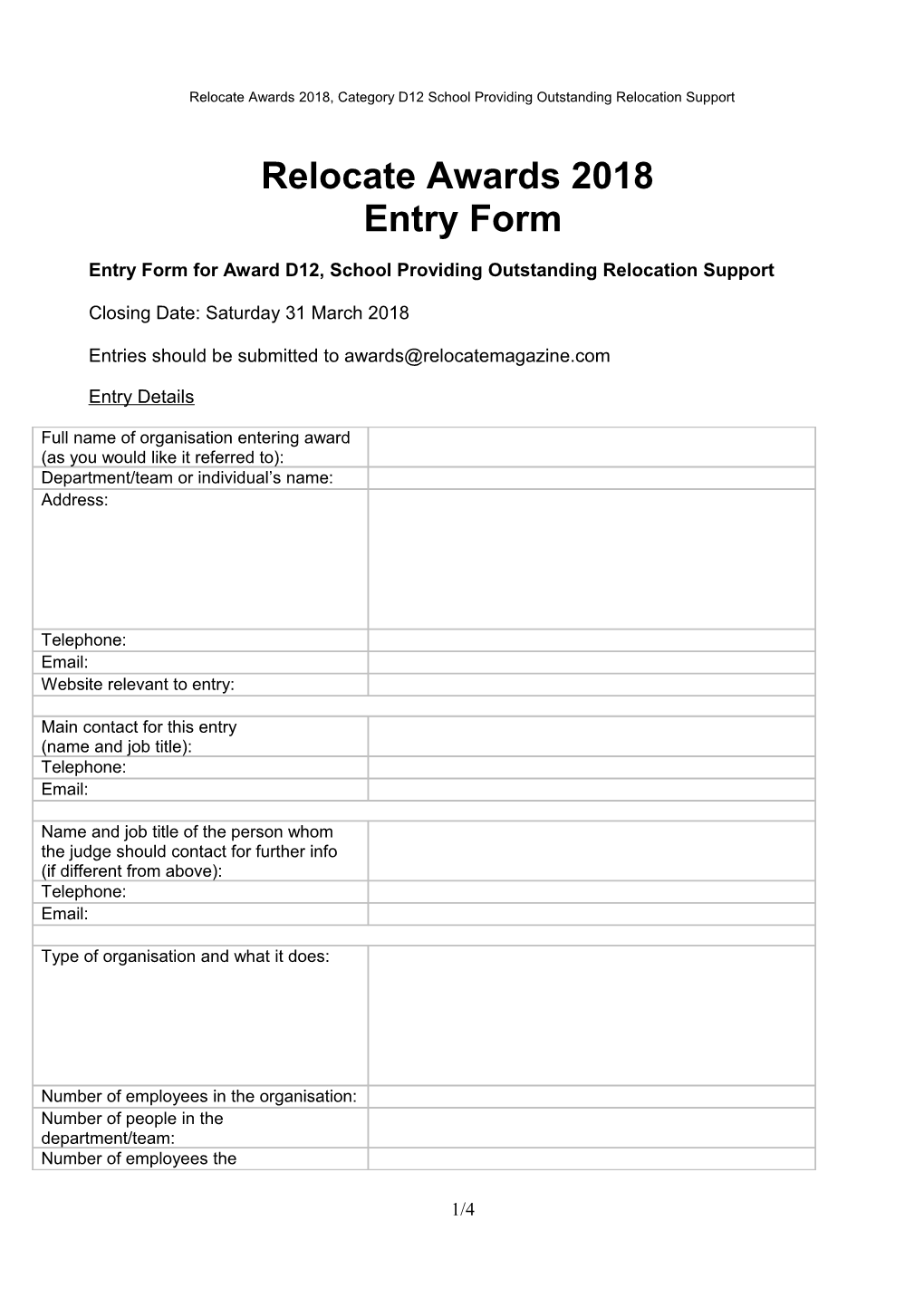 Re:Locate Awards 2008/9 Entry Form Relocation Awards, Magazine