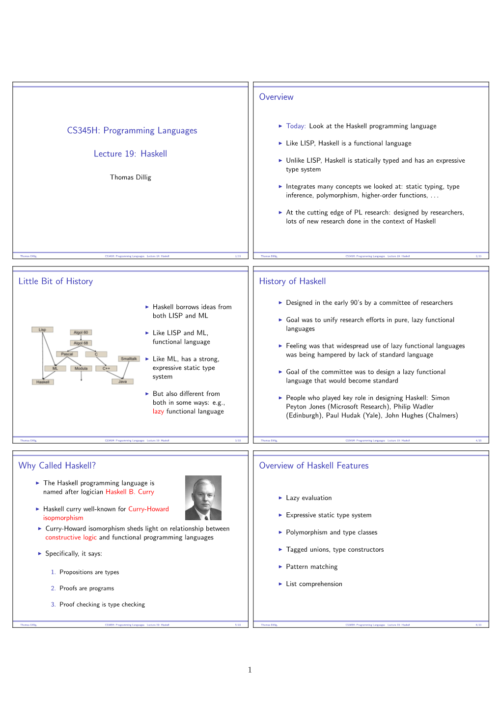 CS345H: Programming Languages Lecture 19: Haskell Overview