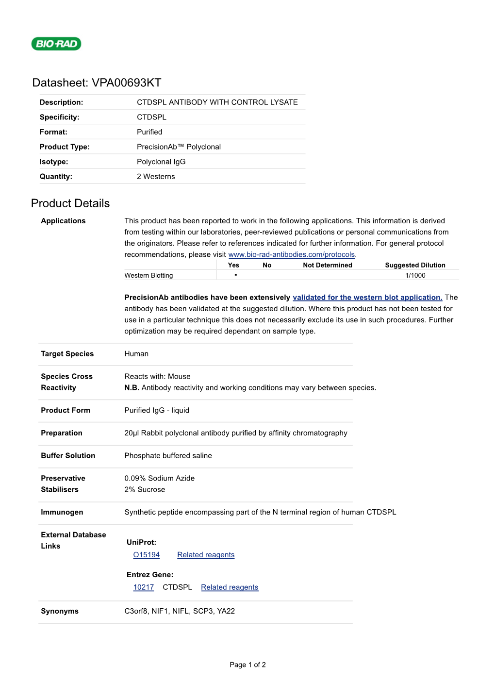 Datasheet: VPA00693KT Product Details