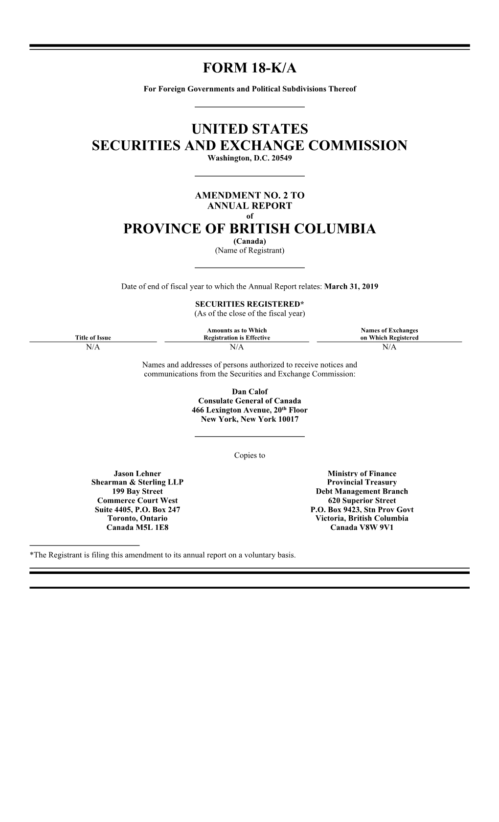 Form 18-K/A United States Securities