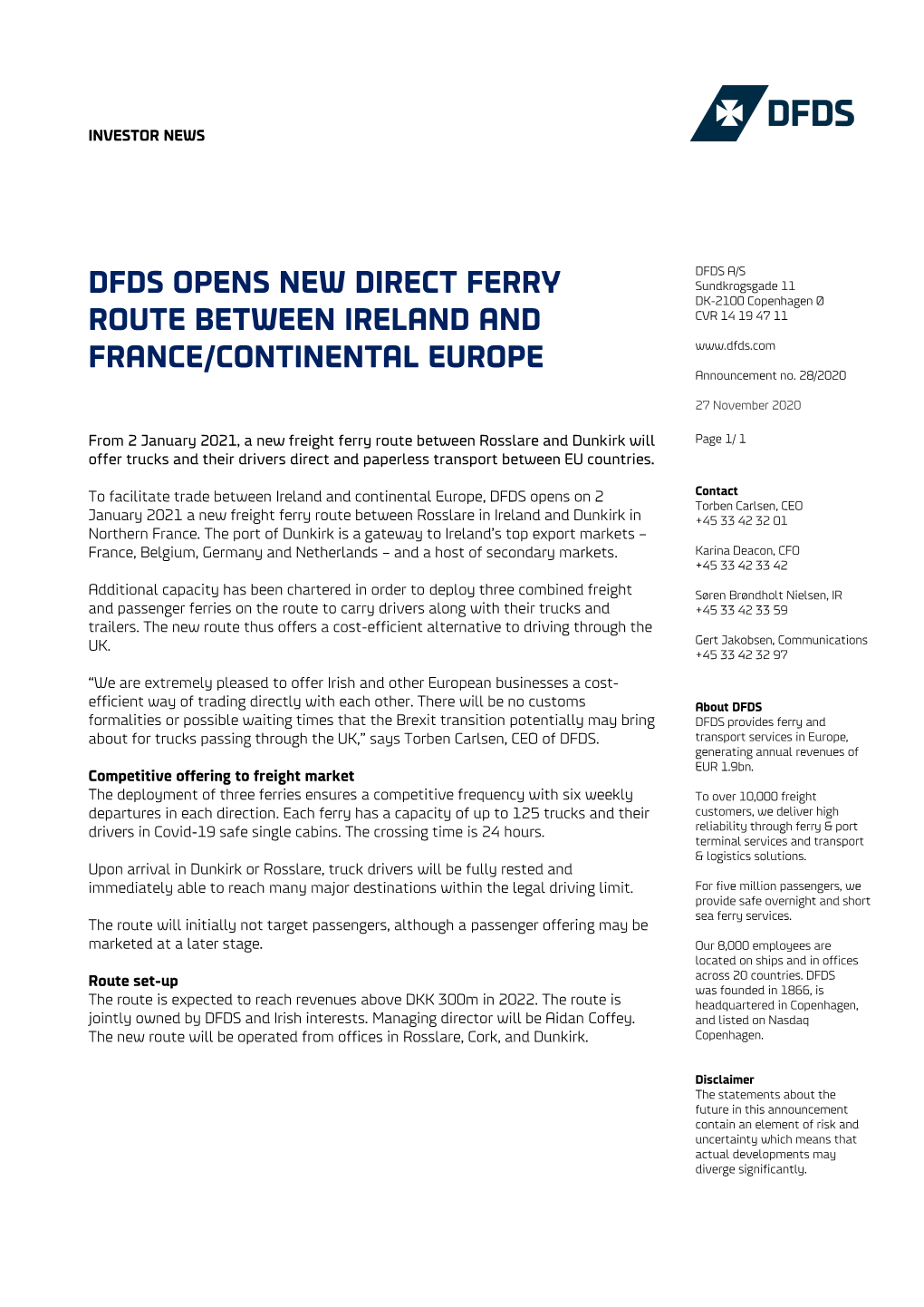 Dfds Opens New Direct Ferry Route Between Ireland And