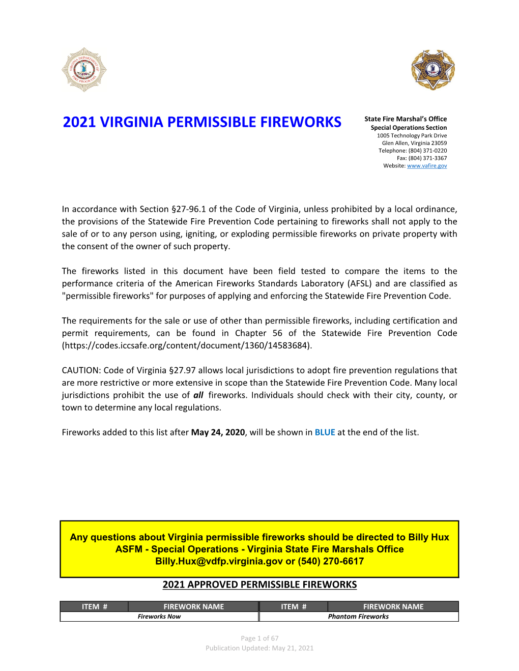 2021 Virginia Permissible Fireworks