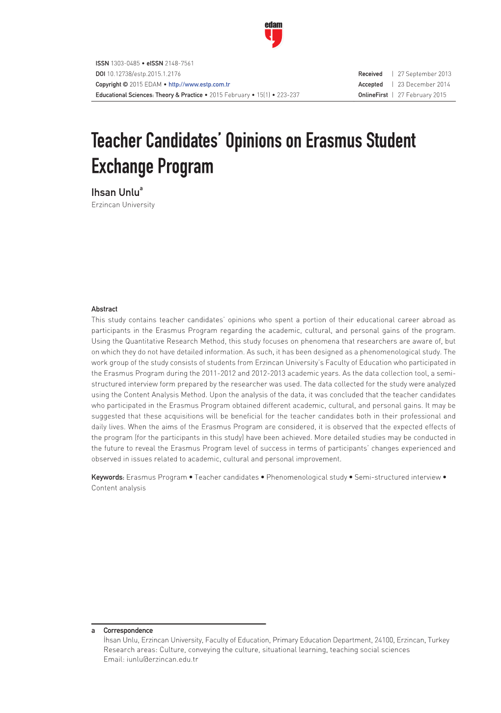 Teacher Candidates' Opinions on Erasmus Student Exchange Program