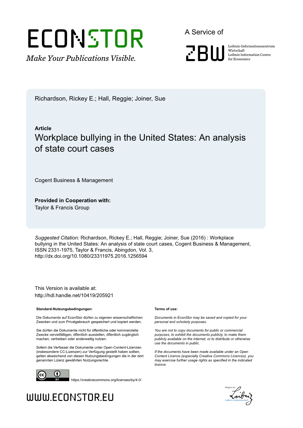 Workplace Bullying in the United States: an Analysis of State Court Cases