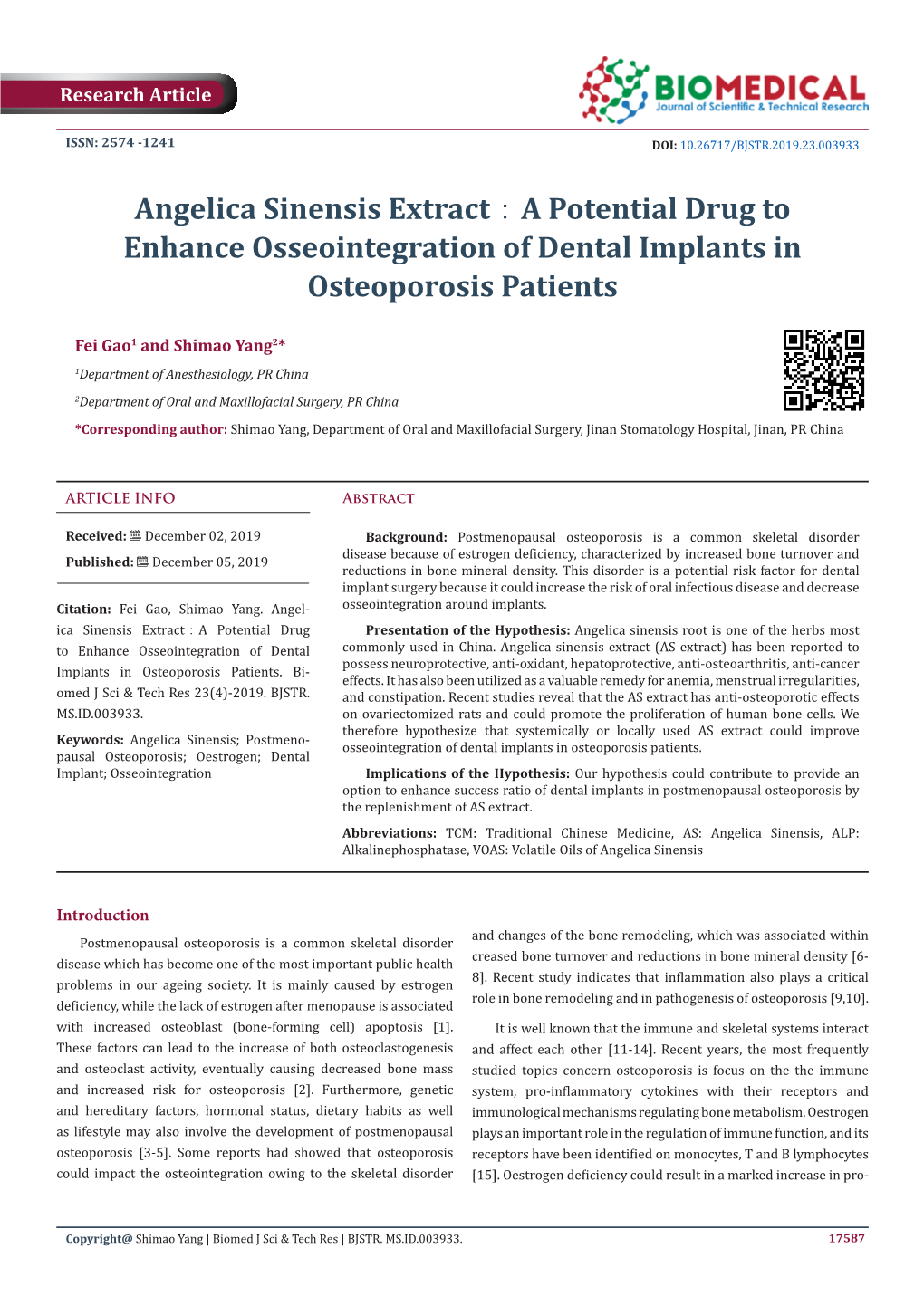 Angelica Sinensis Extract：A Potential Drug to Enhance Osseointegration of Dental Implants in Osteoporosis Patients