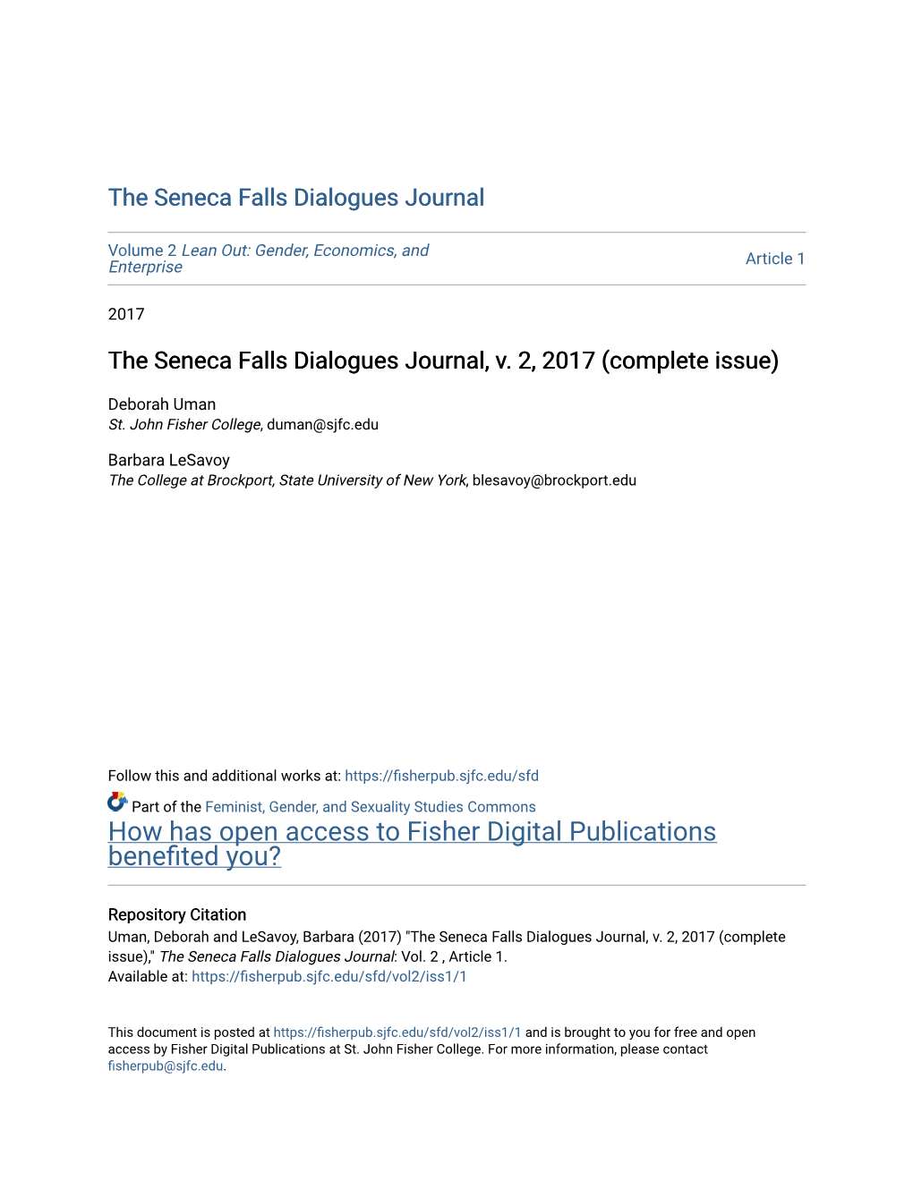 The Seneca Falls Dialogues Journal, V. 2, 2017 (Complete Issue)