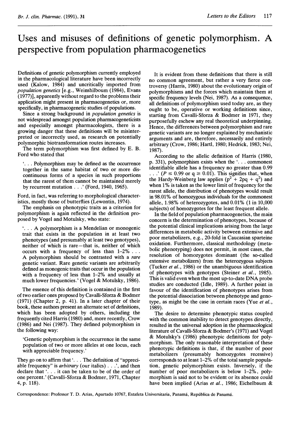 Uses and Misuses of Definitions of Genetic Polymorphism. a Perspective from Population Pharmacogenetics