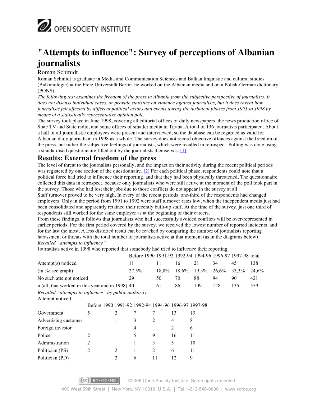 "Attempts to Influence": Survey of Perceptions of Albanian Journalists