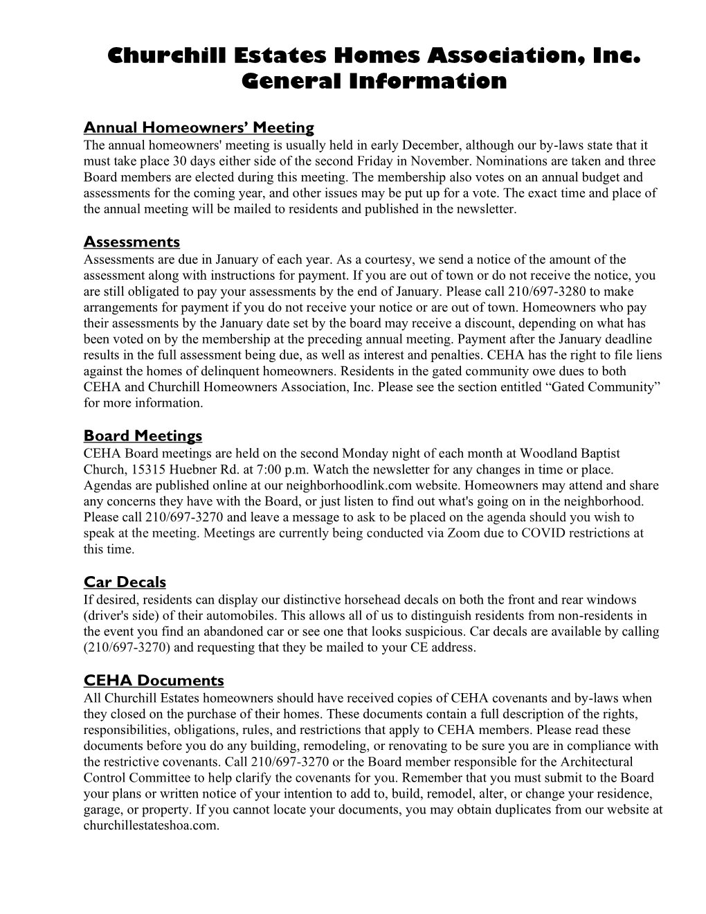 Churchill Estates Homes Association, Inc. General Information