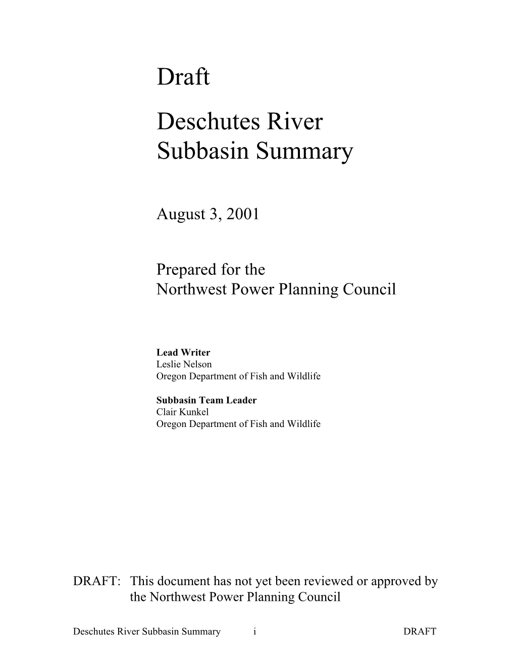 Draft Deschutes River Subbasin Summary