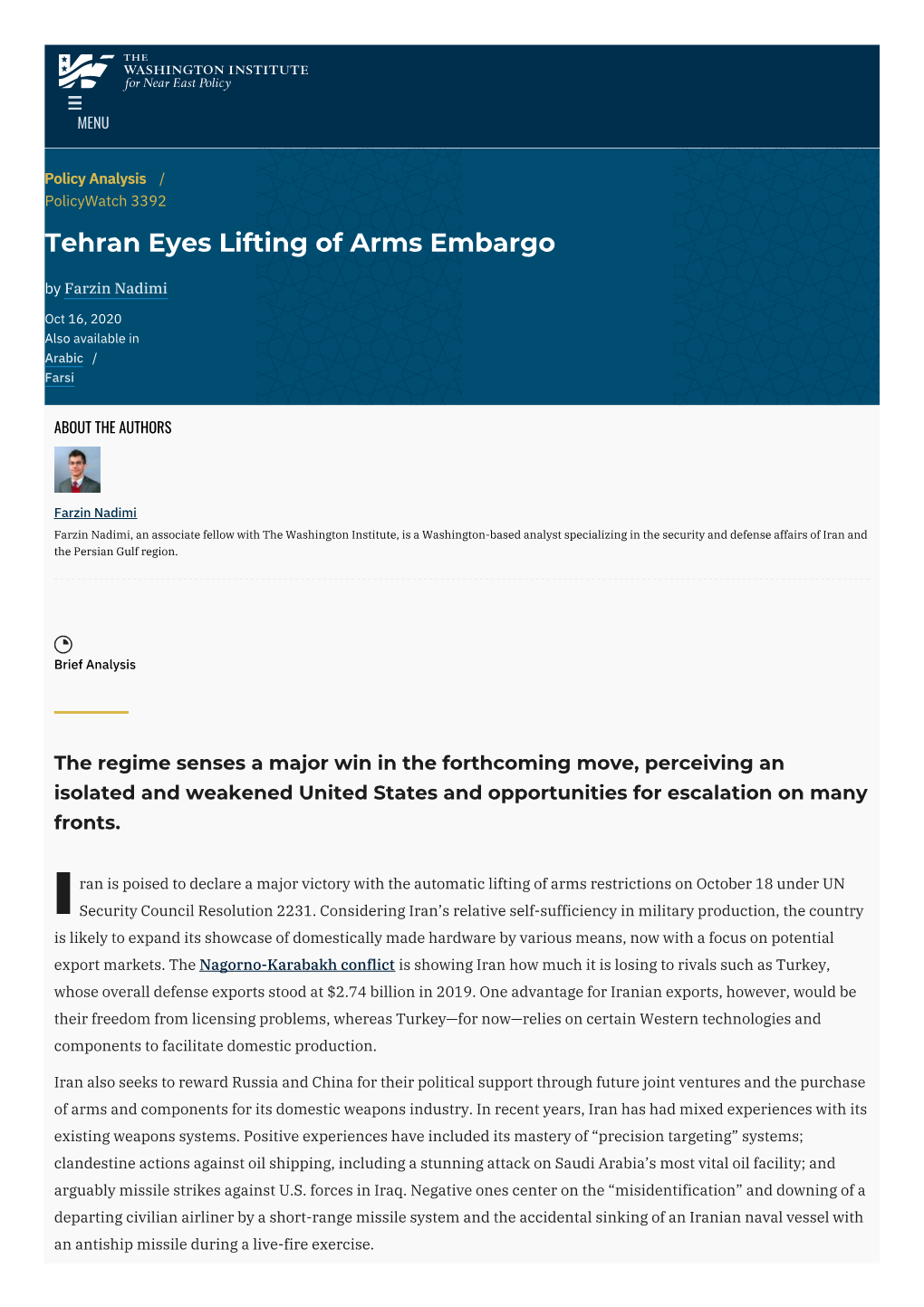Tehran Eyes Lifting of Arms Embargo | the Washington Institute