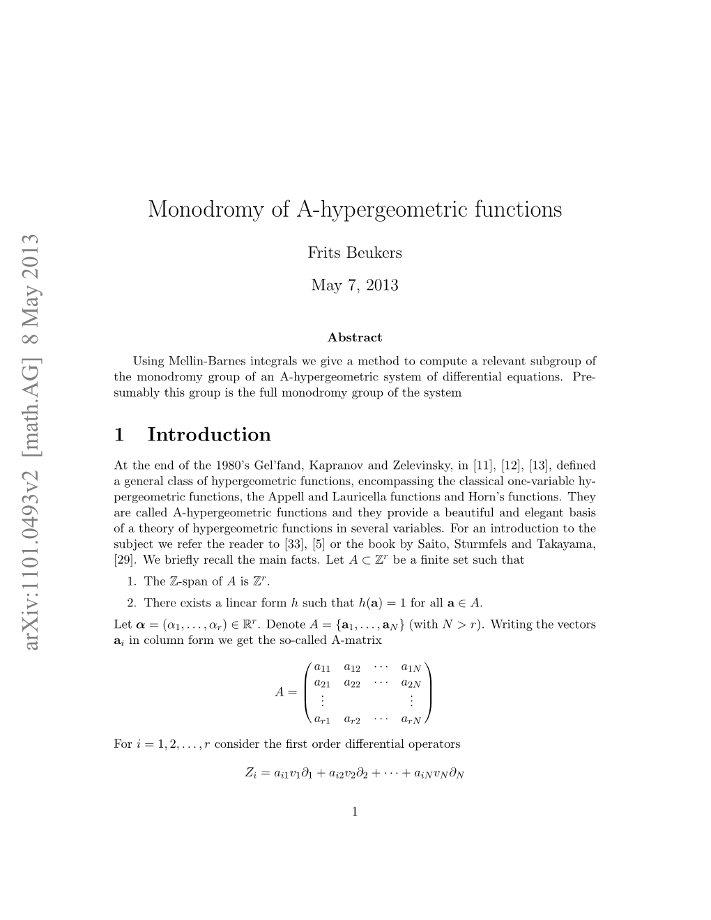 Monodromy of A-Hypergeometric Functions Arxiv:1101.0493V2 [Math