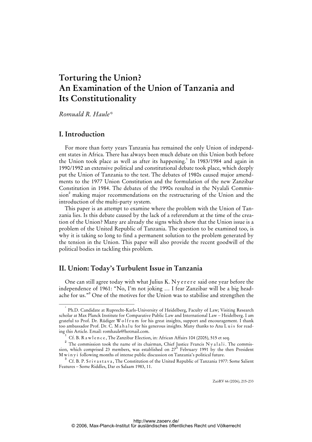 An Examination of the Union of Tanzania and Its Constitutionality