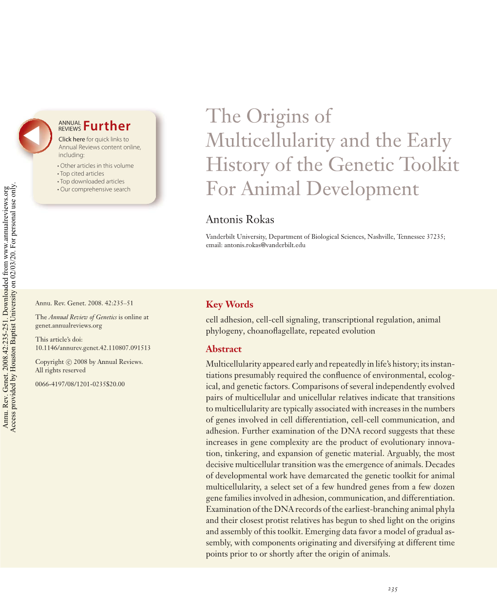 The Origins of Multicellularity and the Early History of the Genetic Toolkit