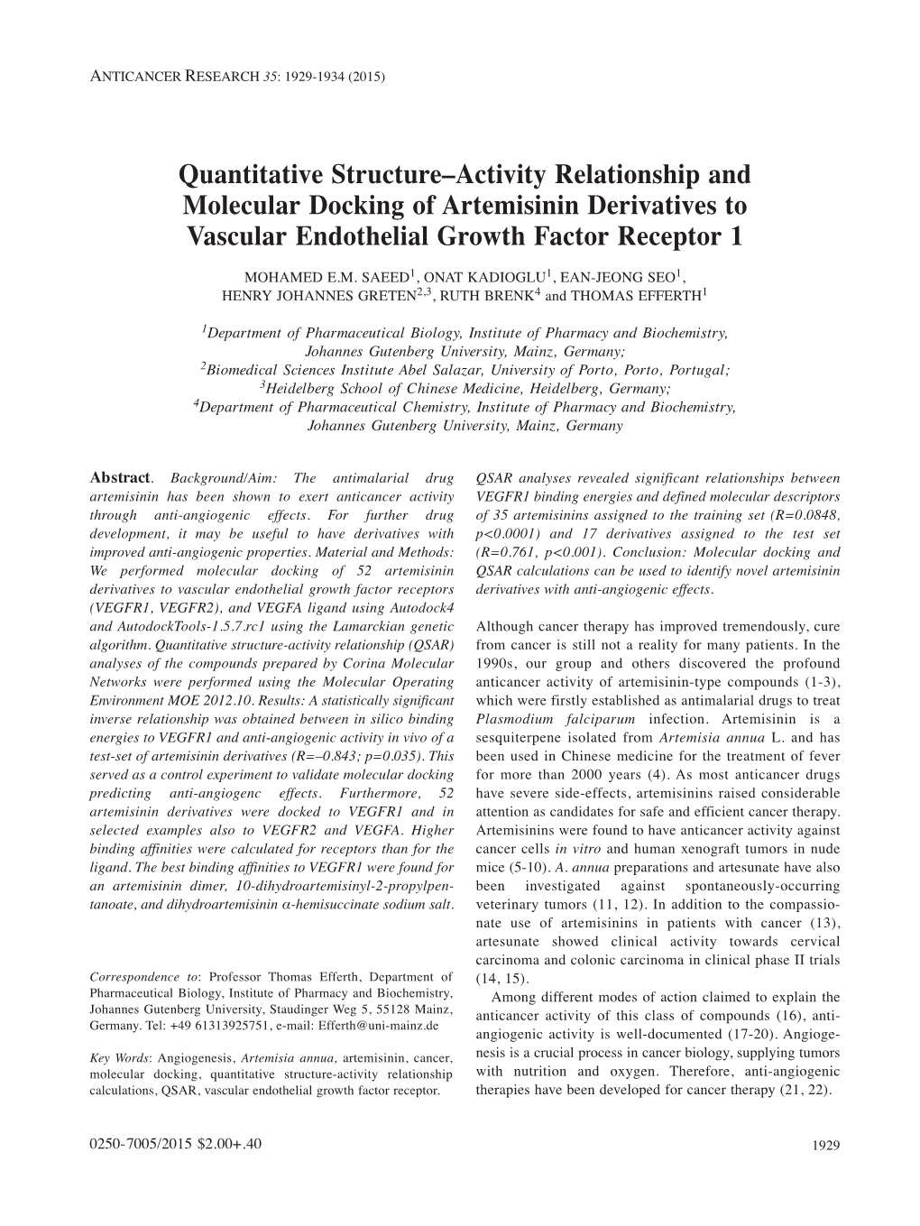 Quantitative Structure–Activity Relationship and Molecular Docking of Artemisinin Derivatives to Vascular Endothelial Growth Factor Receptor 1