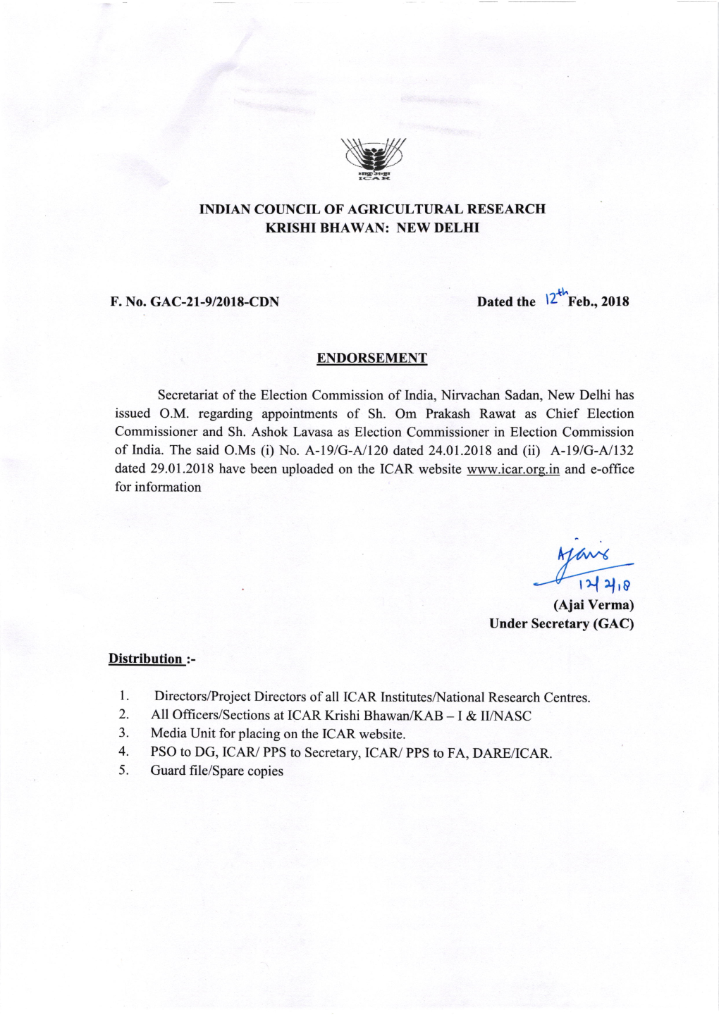 Rrl Rf R0 (Ajai Verma) Under Secretary (GAC)