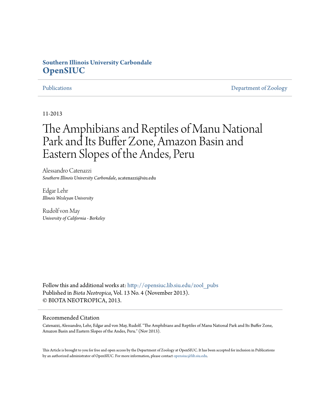 The Amphibians and Reptiles of Manu National Park and Its