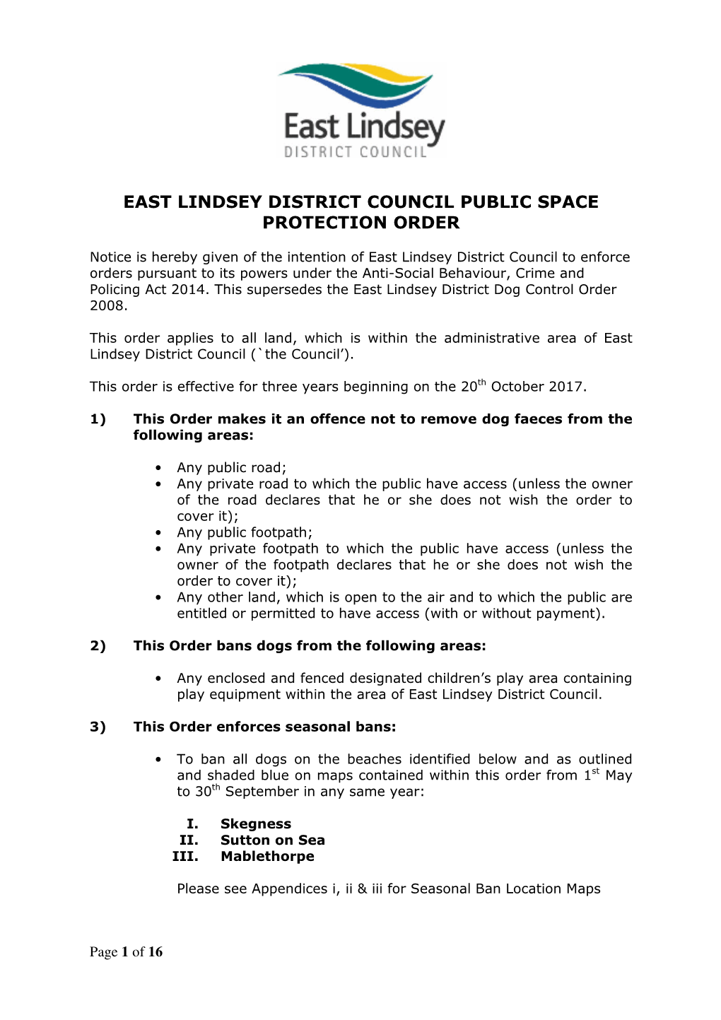 East Lindsey District Council Public Space Protection Order