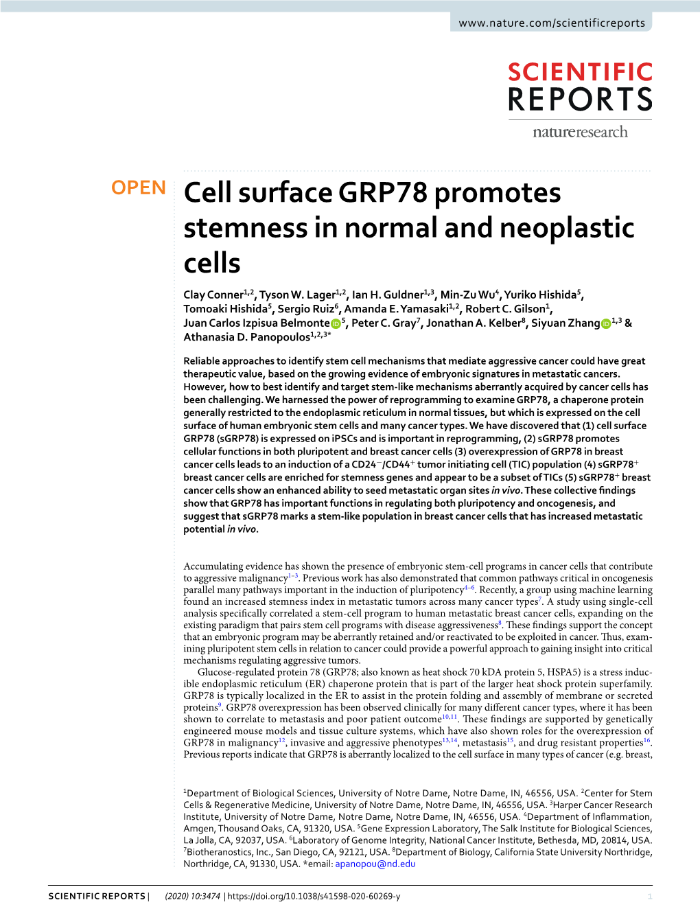 Cell Surface GRP78 Promotes Stemness in Normal and Neoplastic Cells Clay Conner1,2, Tyson W