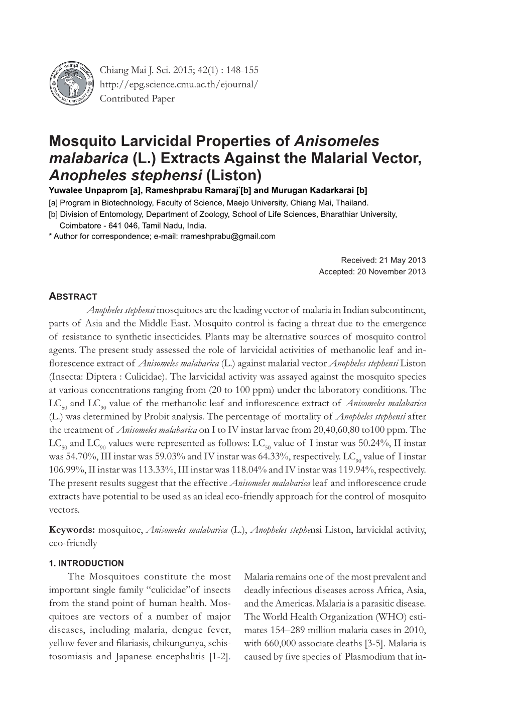 Mosquito Larvicidal Properties of Anisomeles Malabarica