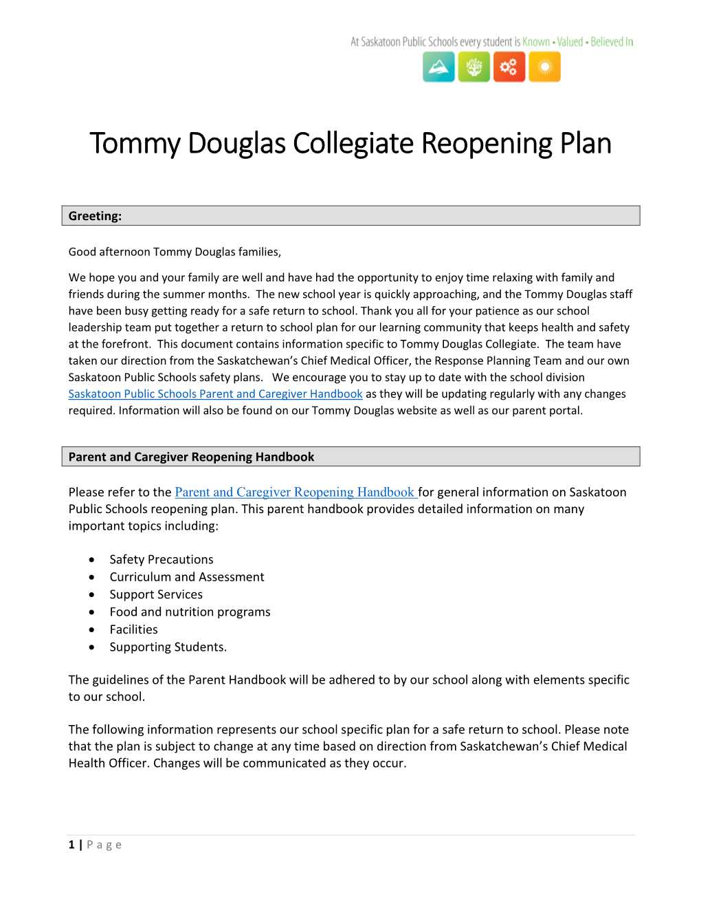 Tommy Douglas Collegiate Reopening Plan