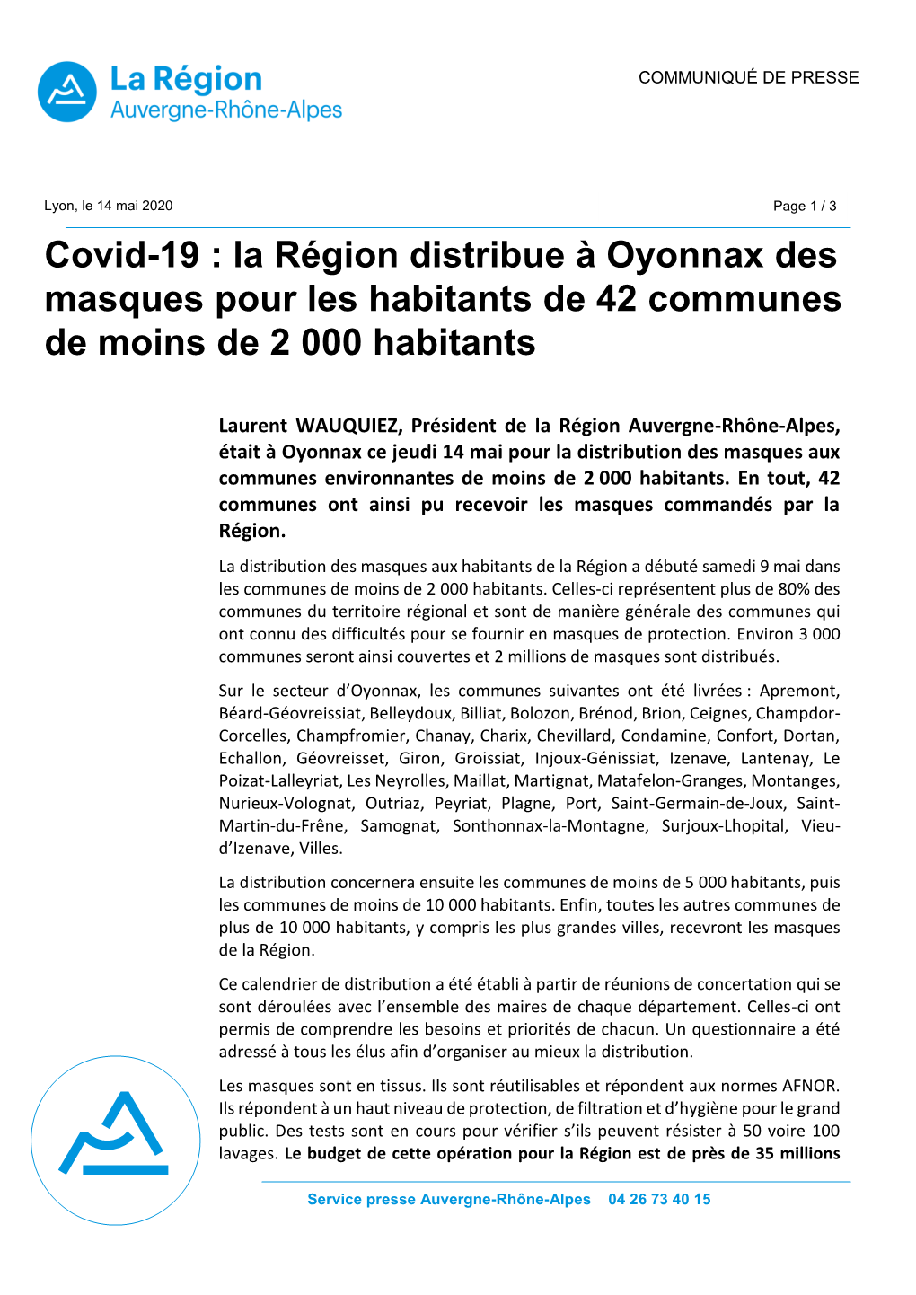 La Région Distribue À Oyonnax Des Masques Pour Les Habitants De 42 Communes De Moins De 2 000 Habitants