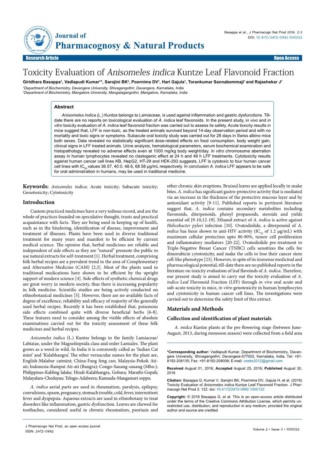 Toxicity Evaluation of Anisomeles Indica Kuntze Leaf Flavonoid Fraction