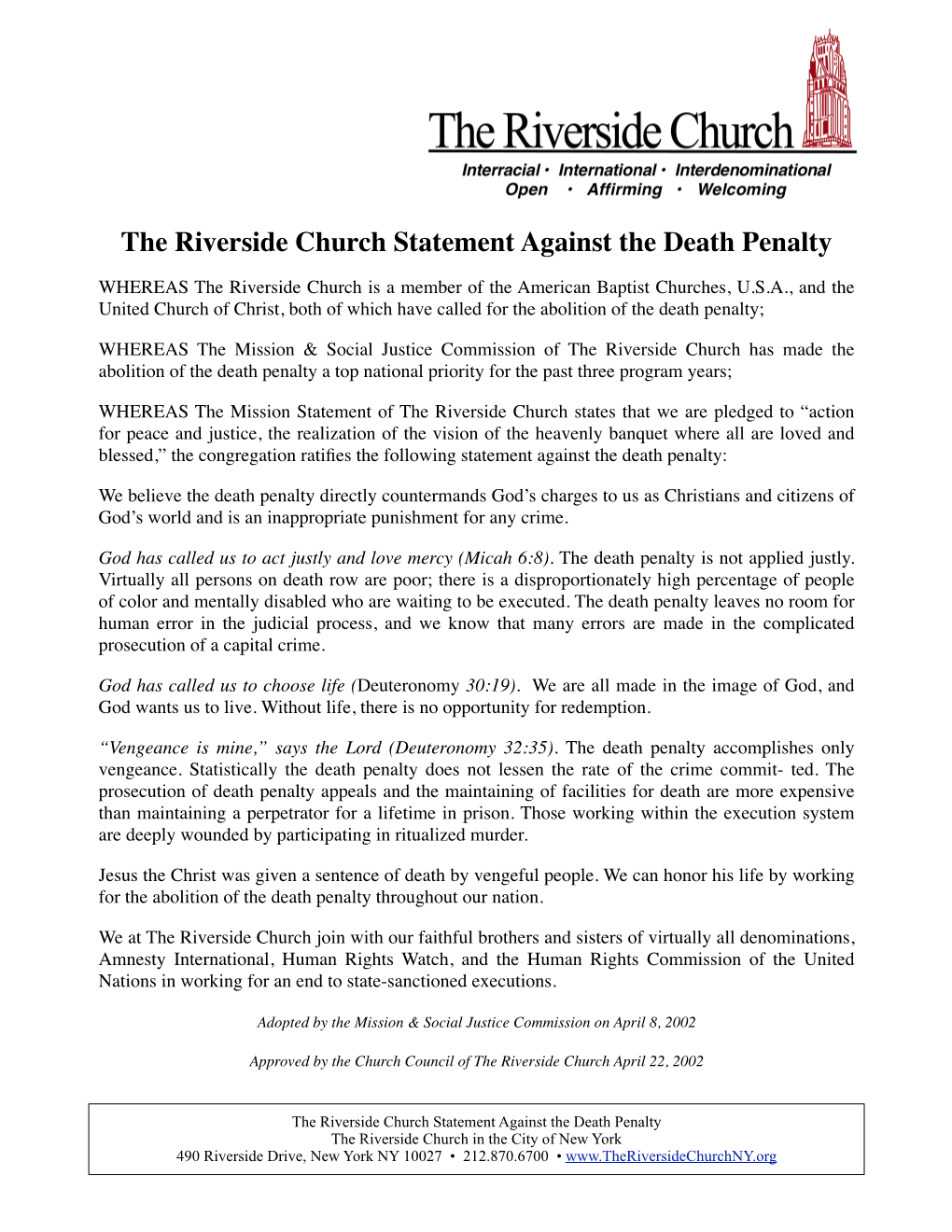 The Riverside Church Statement Against the Death Penalty