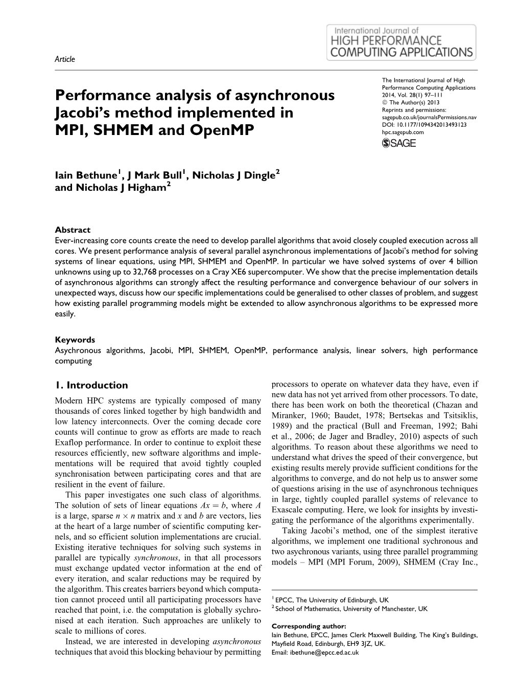 Performance Analysis of Asynchronous Jacobi's Method