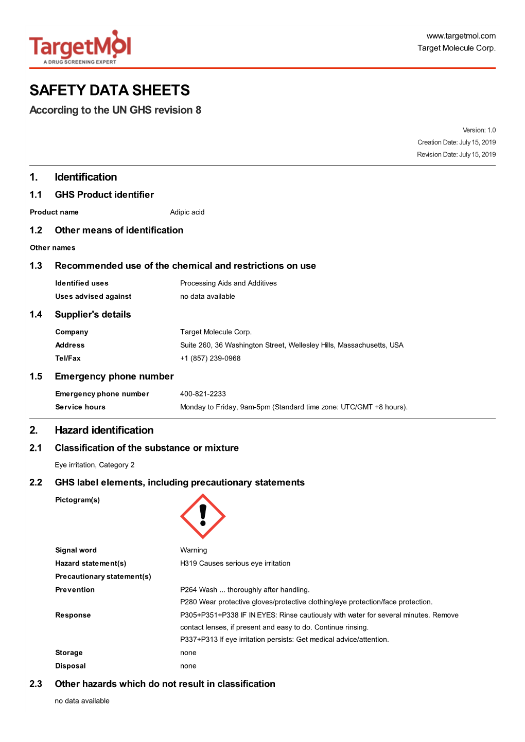 SAFETY DATA SHEETS According to the UN GHS Revision 8