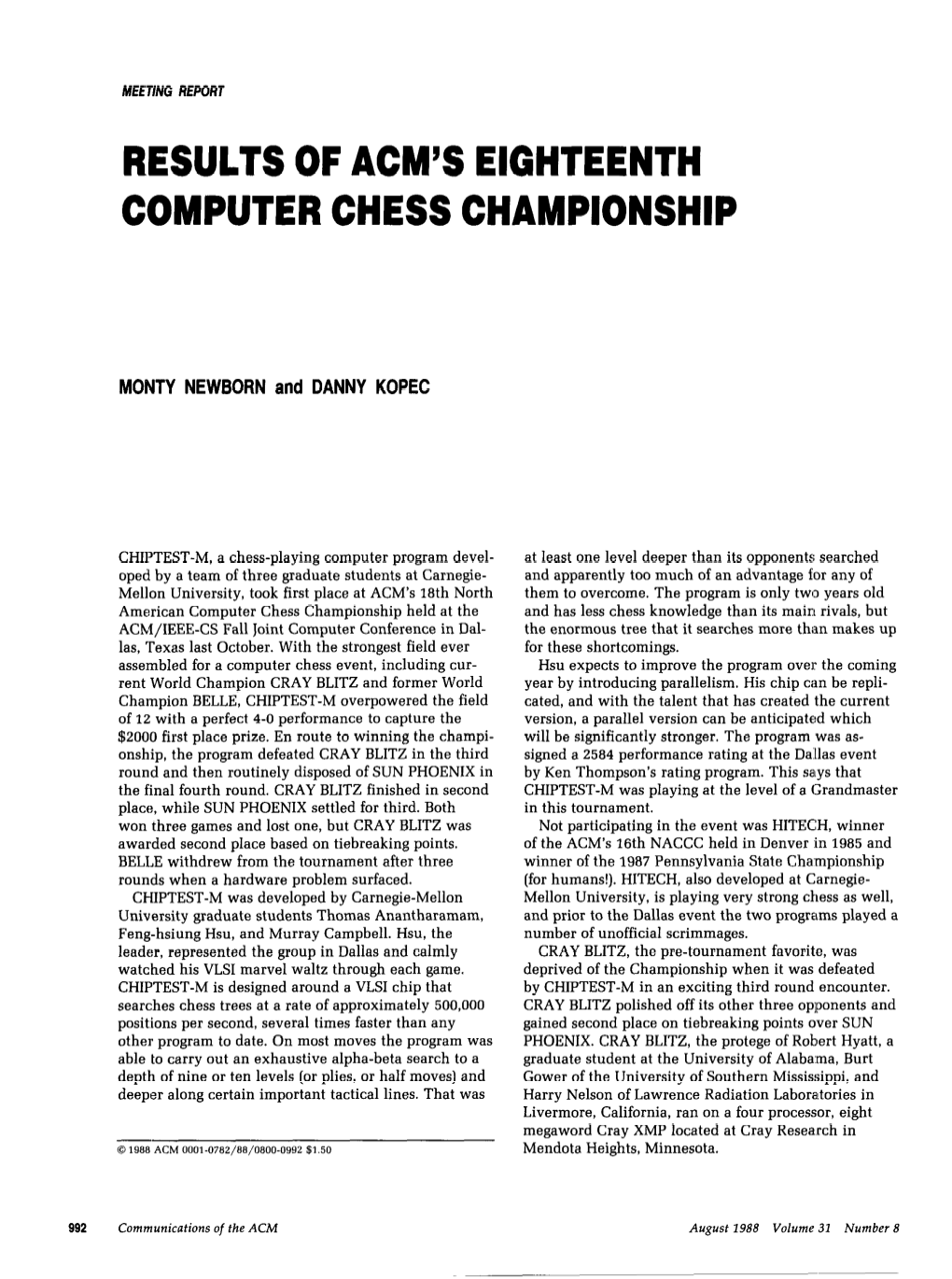 Results of Acm's Eighteenth Computer Chess