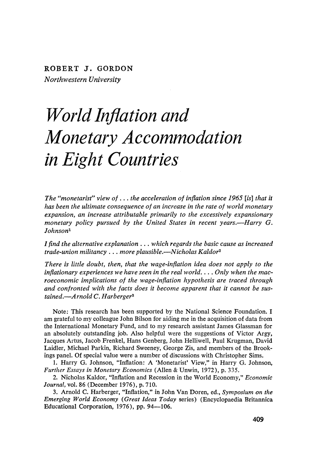 World Inflation and Monetary Accommodation in Eight Countries