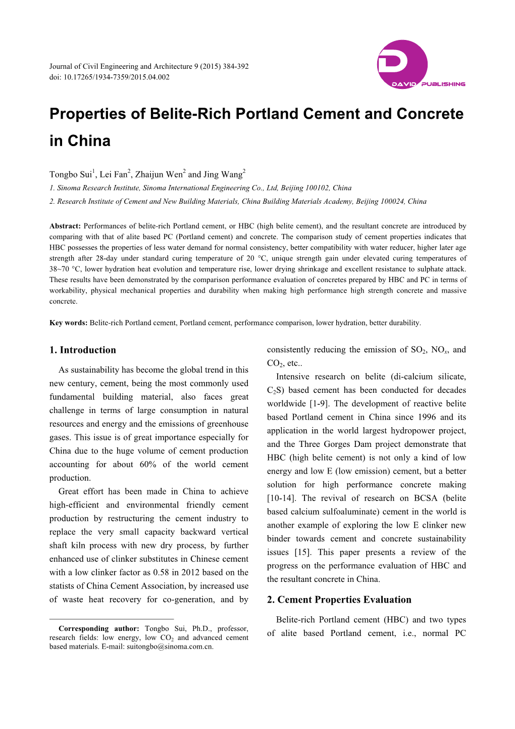 Properties of Belite-Rich Portland Cement and Concrete in China