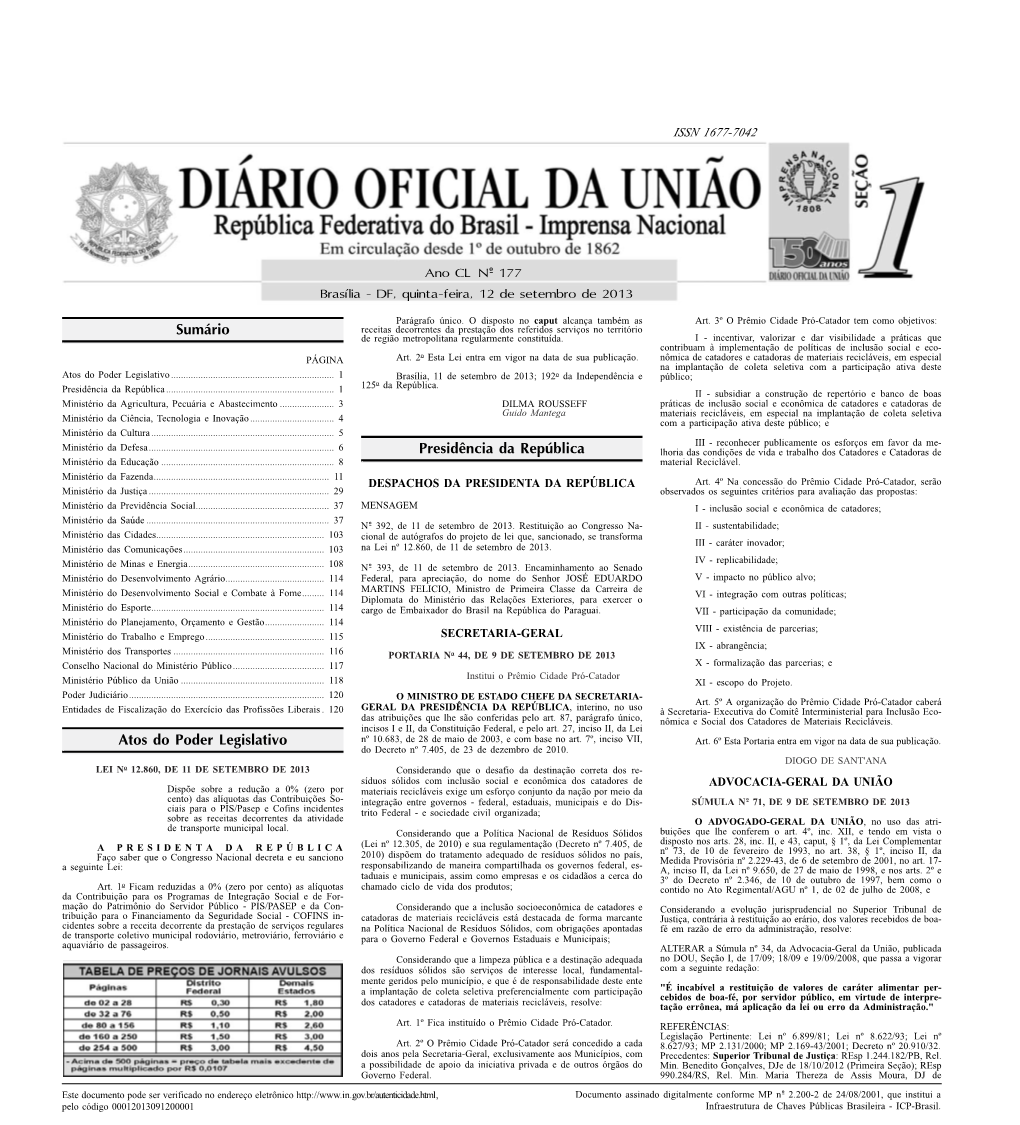 Sumário Atos Do Poder Legislativo Presidência Da República