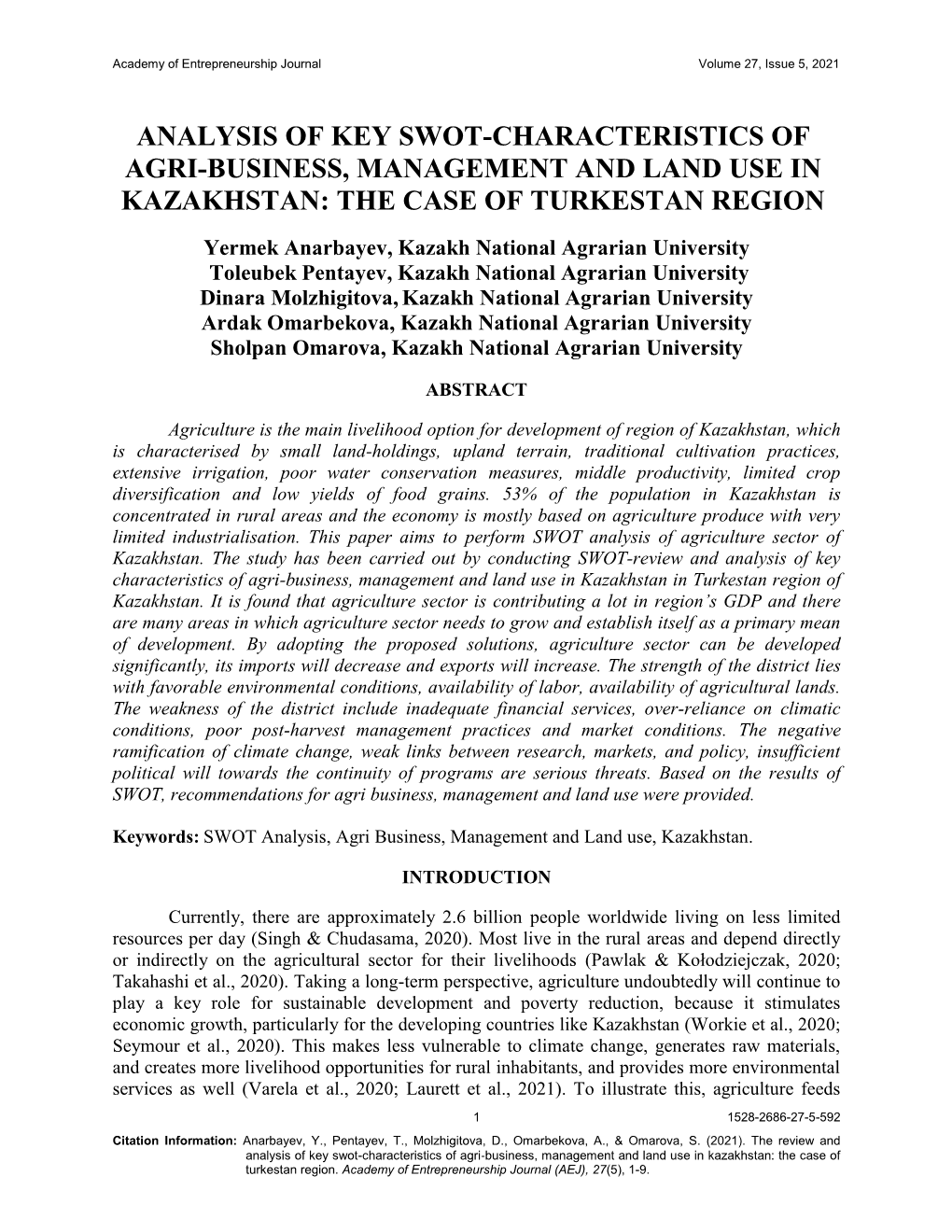 Analysis of Key Swot-Characteristics of Agri‐Business, Management and Land Use in Kazakhstan: the Case of Turkestan Region