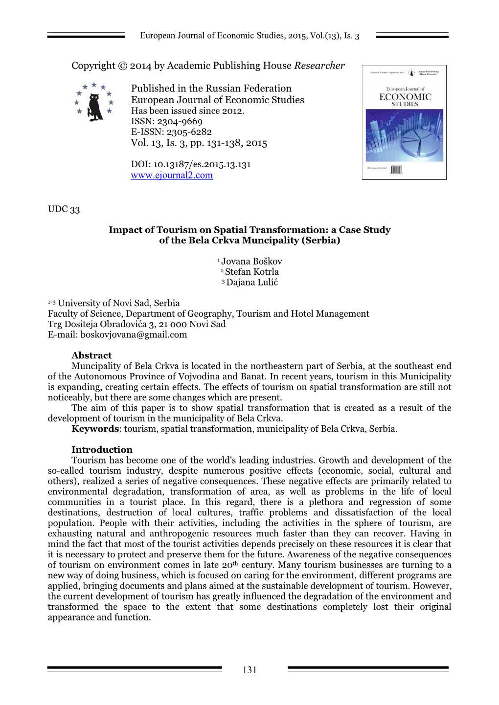 Impact of Tourism on Spatial Transformation: a Case Study of the Bela Crkva Muncipality (Serbia)