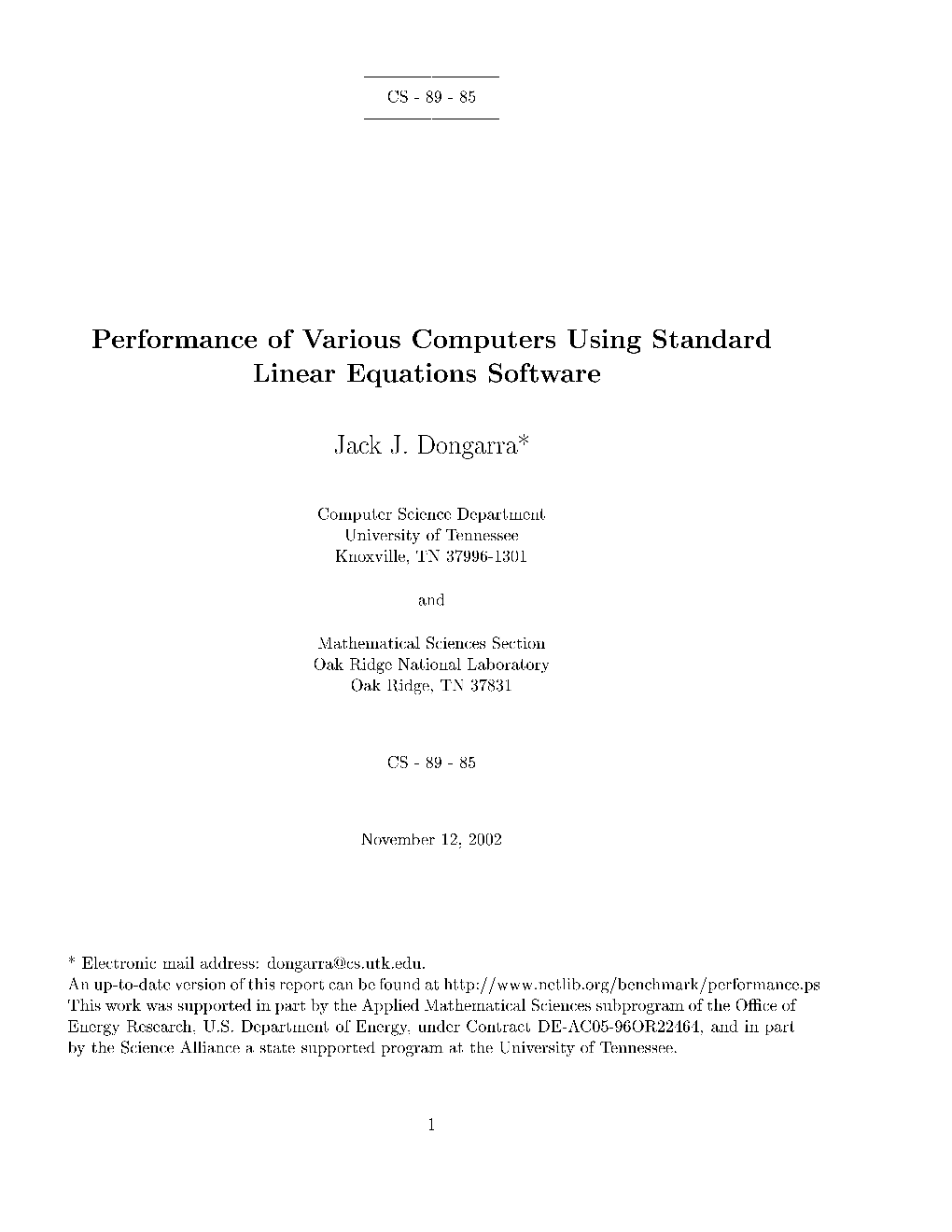 Performance of Various Computers Using Standard Linear Equations